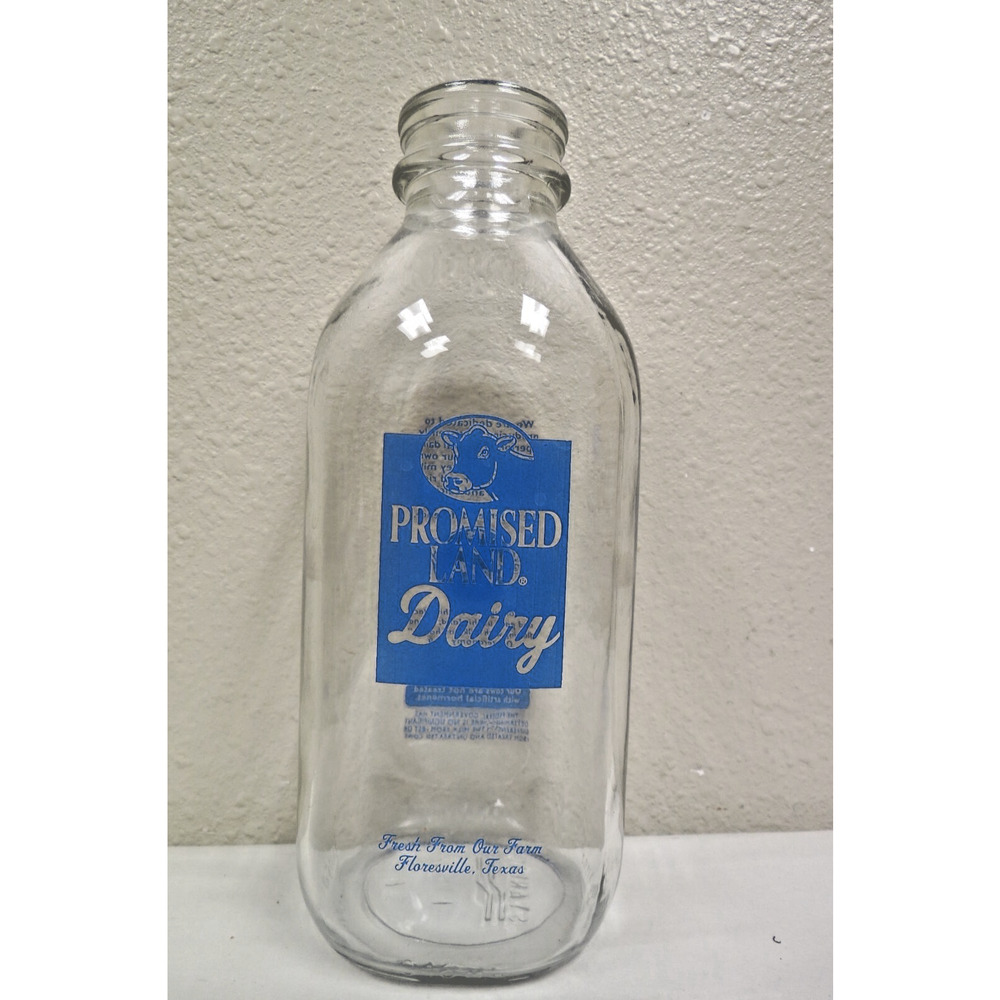 Glass Milk Bottle - 1 Quart Promised Land Dairy Floresville, TX - Blue Lettering
